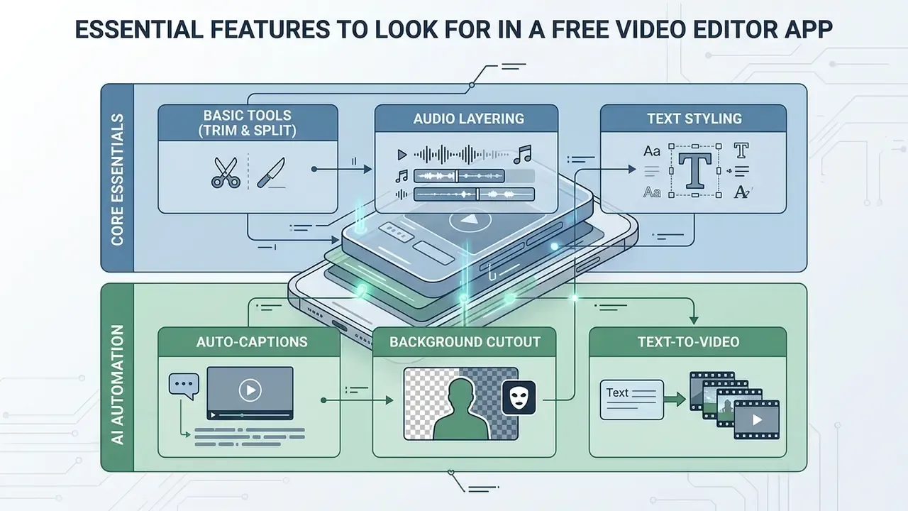 Layered graphic showing core editing tools and AI automation features for a mobile video editor app