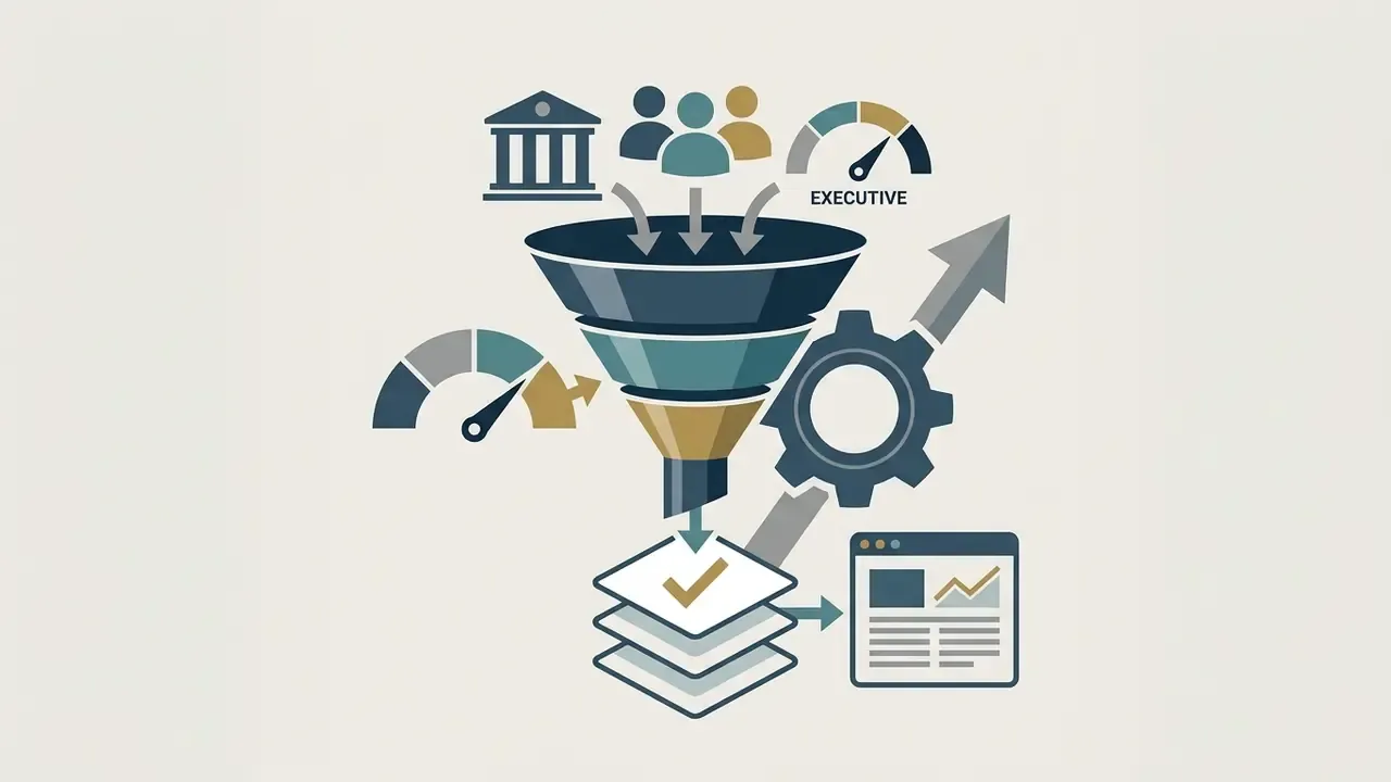 Funnel graphic showing input of organizational data and executive audience into a slide creation process