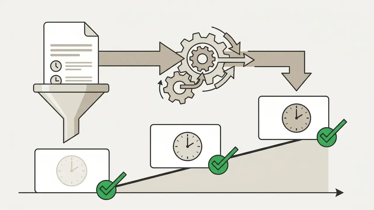 Data file passing through a funnel and gears to create a series of chronologically ordered clock events