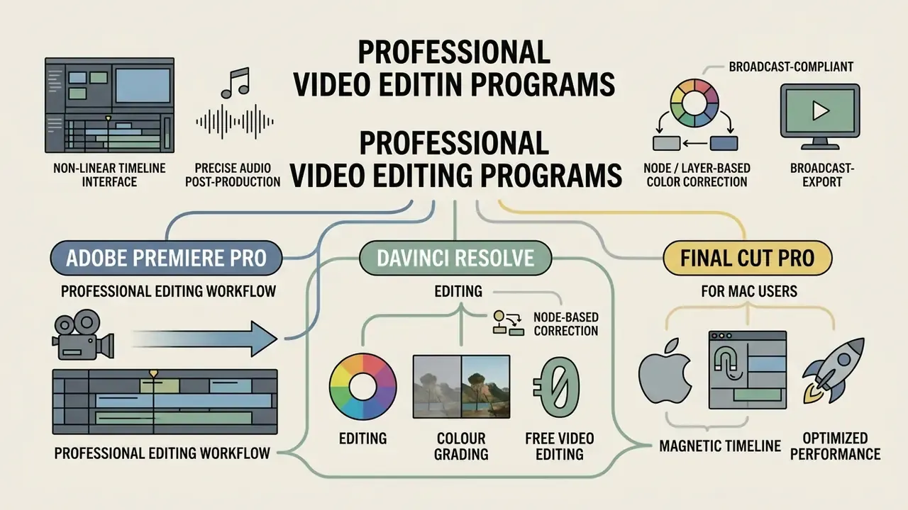 Summary of Adobe Premiere Pro, DaVinci Resolve, and Final Cut Pro features for professional video editing