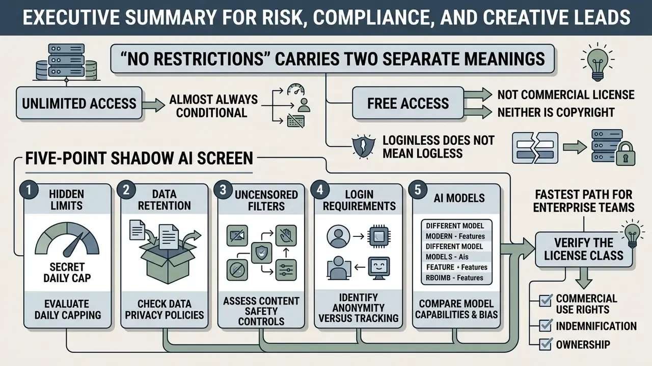Infographic explaining risks of ai art generator no restrictions tools through a five-point screening process