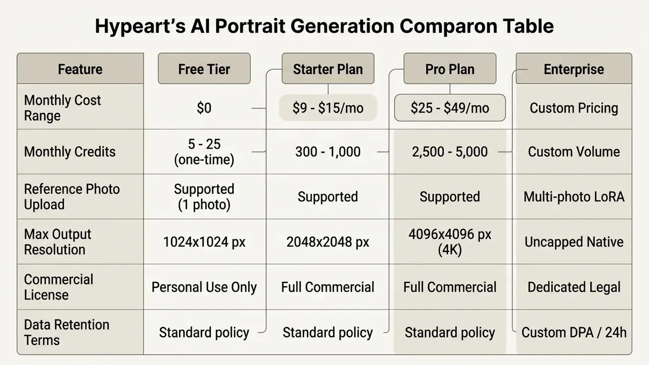 Table outlining pricing plans and technical features for an AI portrait generation service