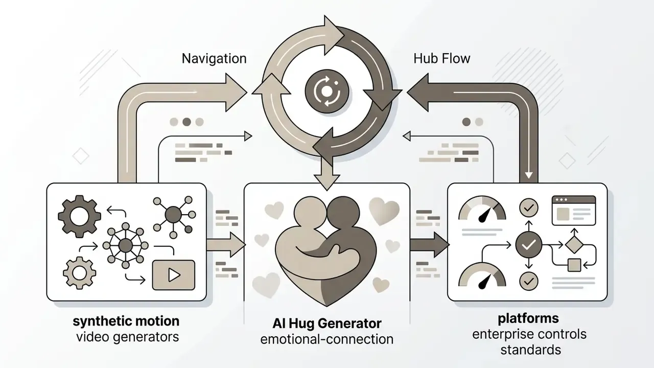 Circular arrows connecting synthetic motion generators and enterprise control panels to a central hug icon