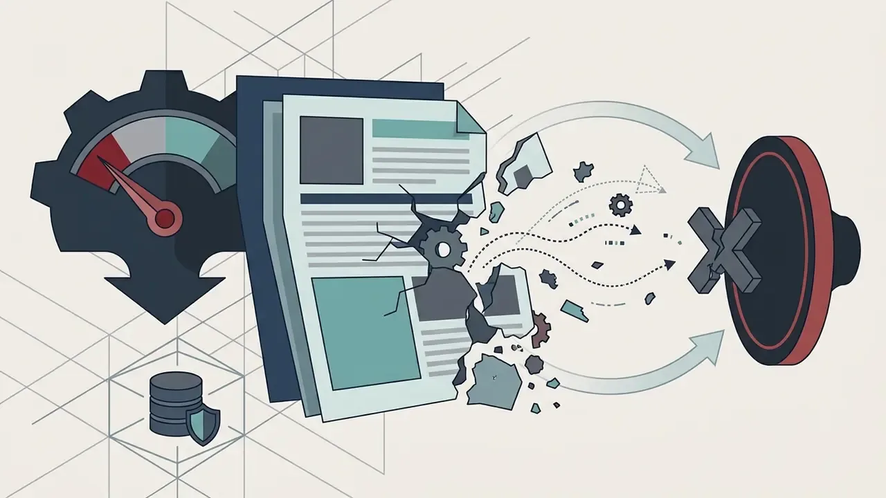 Broken document and gear icon representing a failure to label AI generated artwork for compliance