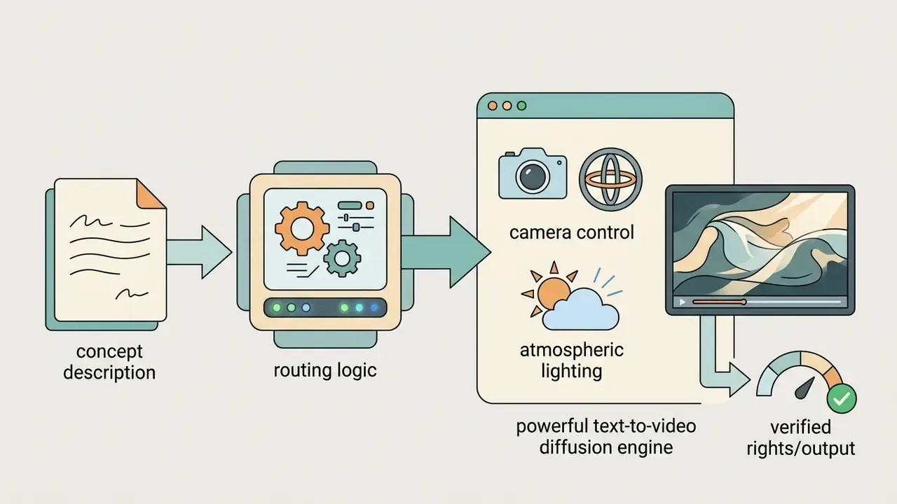 Concept description processing through routing logic into a text-to-video engine with output validation