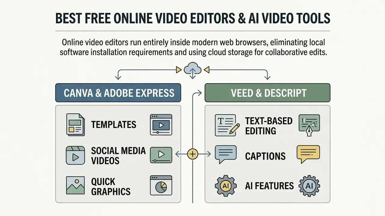 Infographic comparing template-based editors like Canva against AI tools like VEED and Descript
