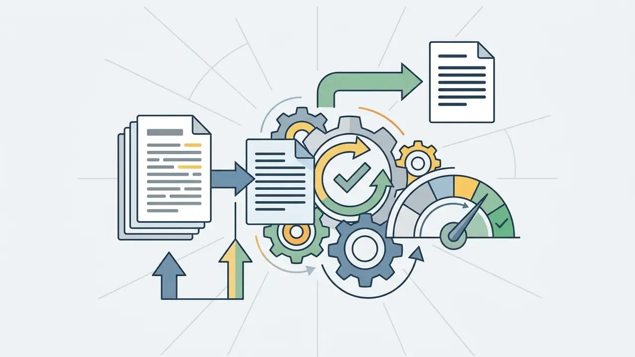 Document icons moving through a system of interlocking gears and a performance gauge