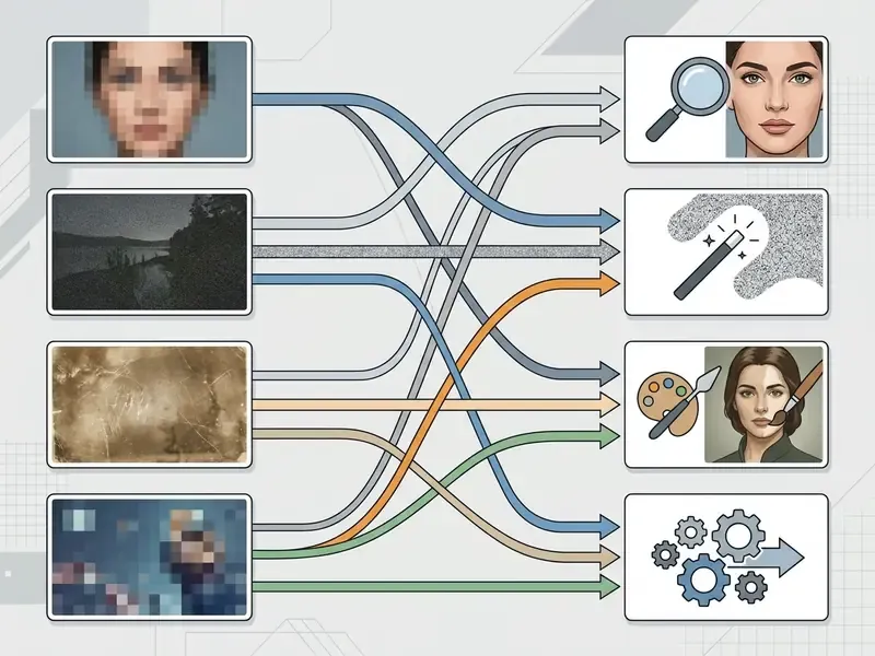 Flowchart connecting specific image defects to tools used to enhance photo quality and restore clarity
