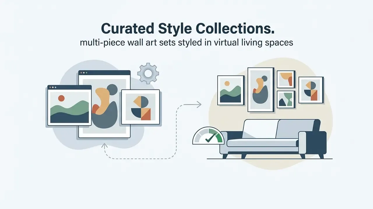 Digital art files being organized and displayed as a gallery wall above a sofa in a virtual room