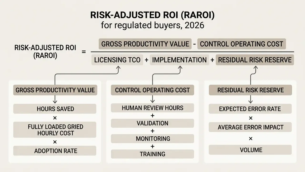 Mathematical formula defining risk-adjusted ROI for AI tools by breaking down productivity and cost factors