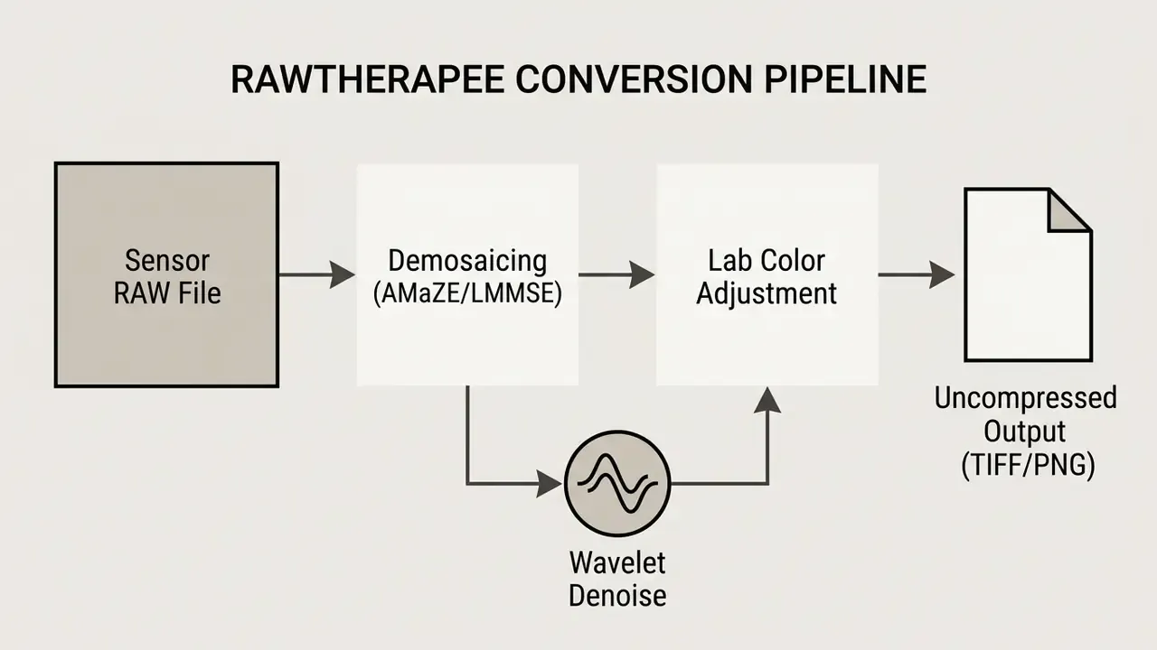 Technical process map showing raw sensor data moving through demosaicing, denoising, and color adjustment