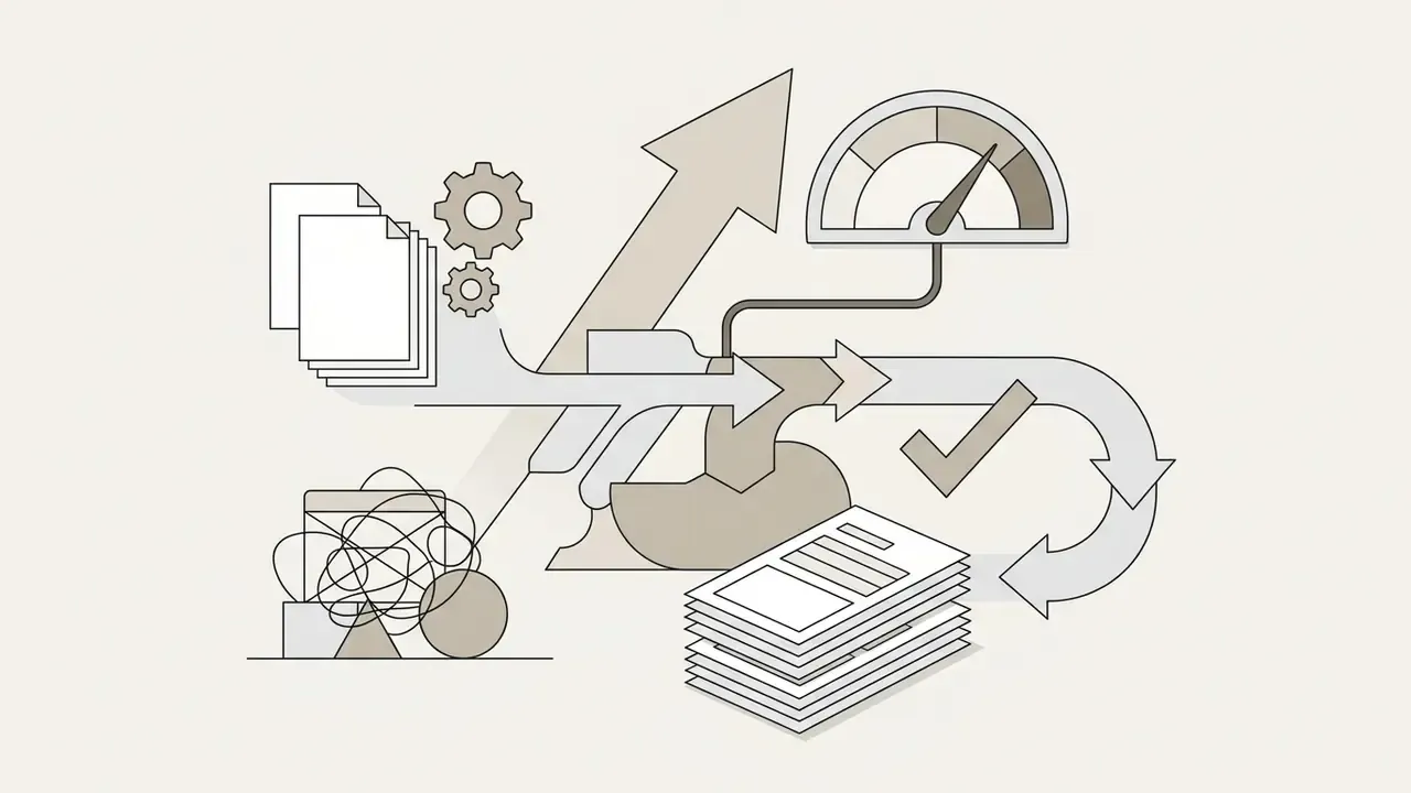 Simplified workflow icon showing chaotic shapes being processed into organized documents and growth metrics