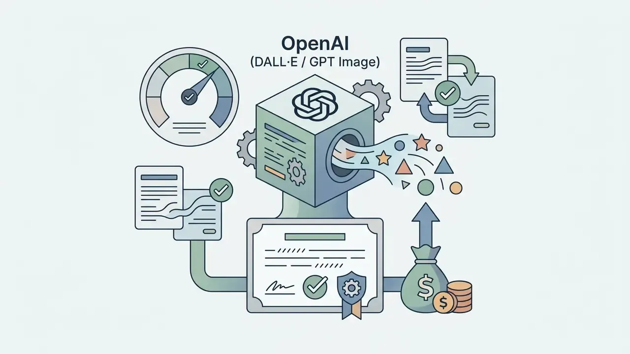 Central cube processing documents into shapes leading to a legal certificate and a money bag icon