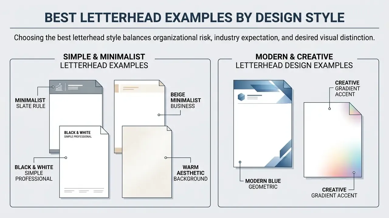 Comparison of minimalist and creative letterhead design styles with labeled document samples