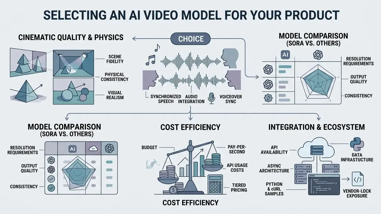 Summary of factors for evaluating video generation models including quality, audio, cost, and integration