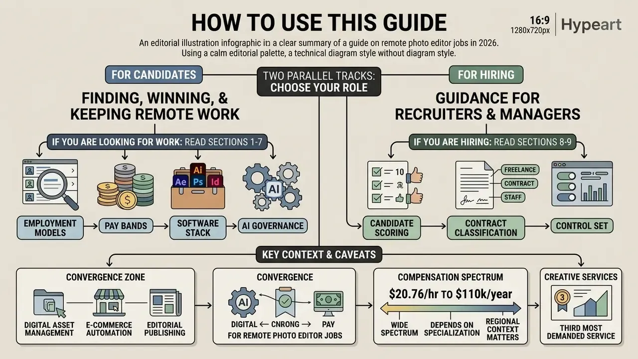 Flowchart showing parallel paths for candidates and recruiters navigating remote photo editor jobs