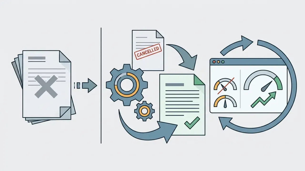 Stack of documents with an X mark moving through gears to become a verified report with data dashboards