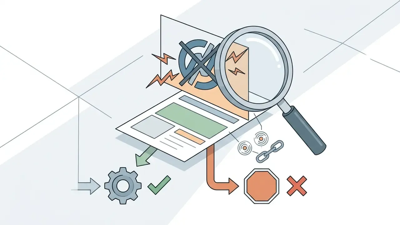 Magnifying glass inspecting a laptop screen with a crossed out symbol and a stop sign indicating restricted access