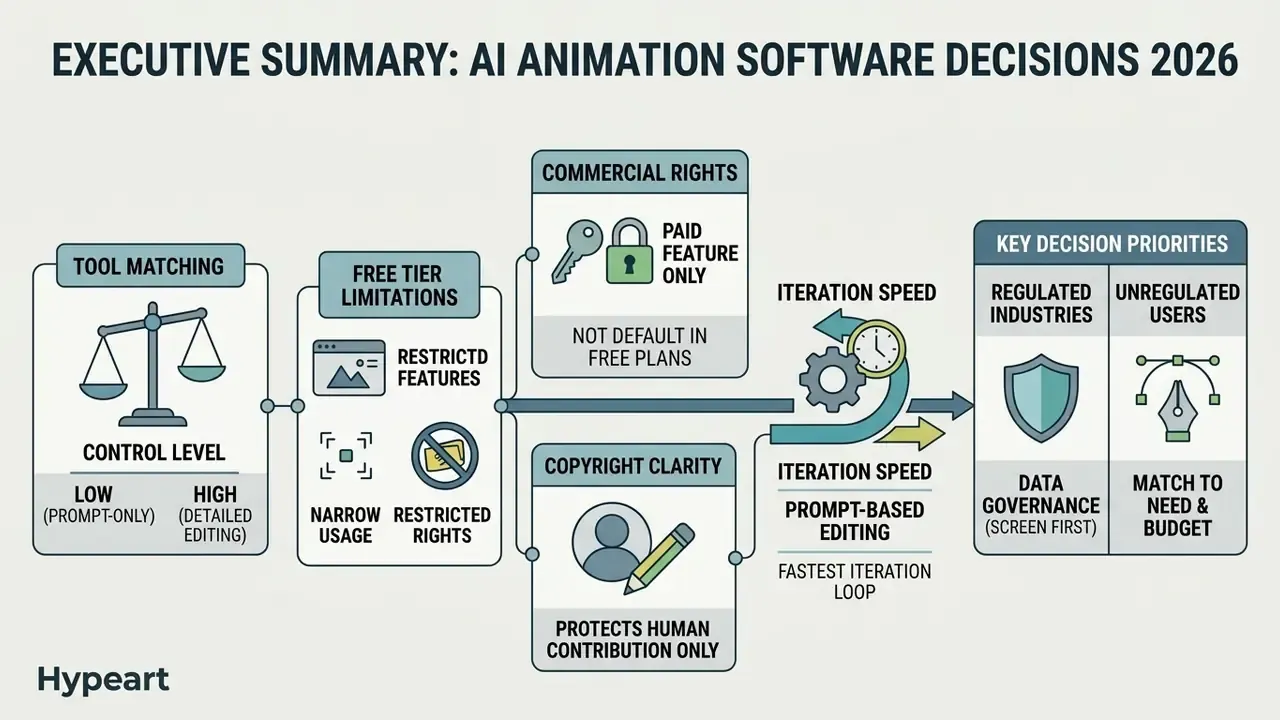 Flowchart outlining key considerations for selecting AI animation software including rights and governance