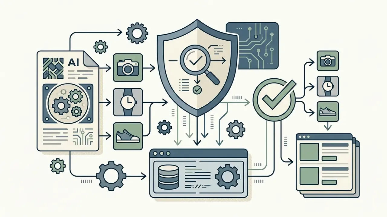 Shield with a magnifying glass connecting product icons to metadata storage and verified output lists