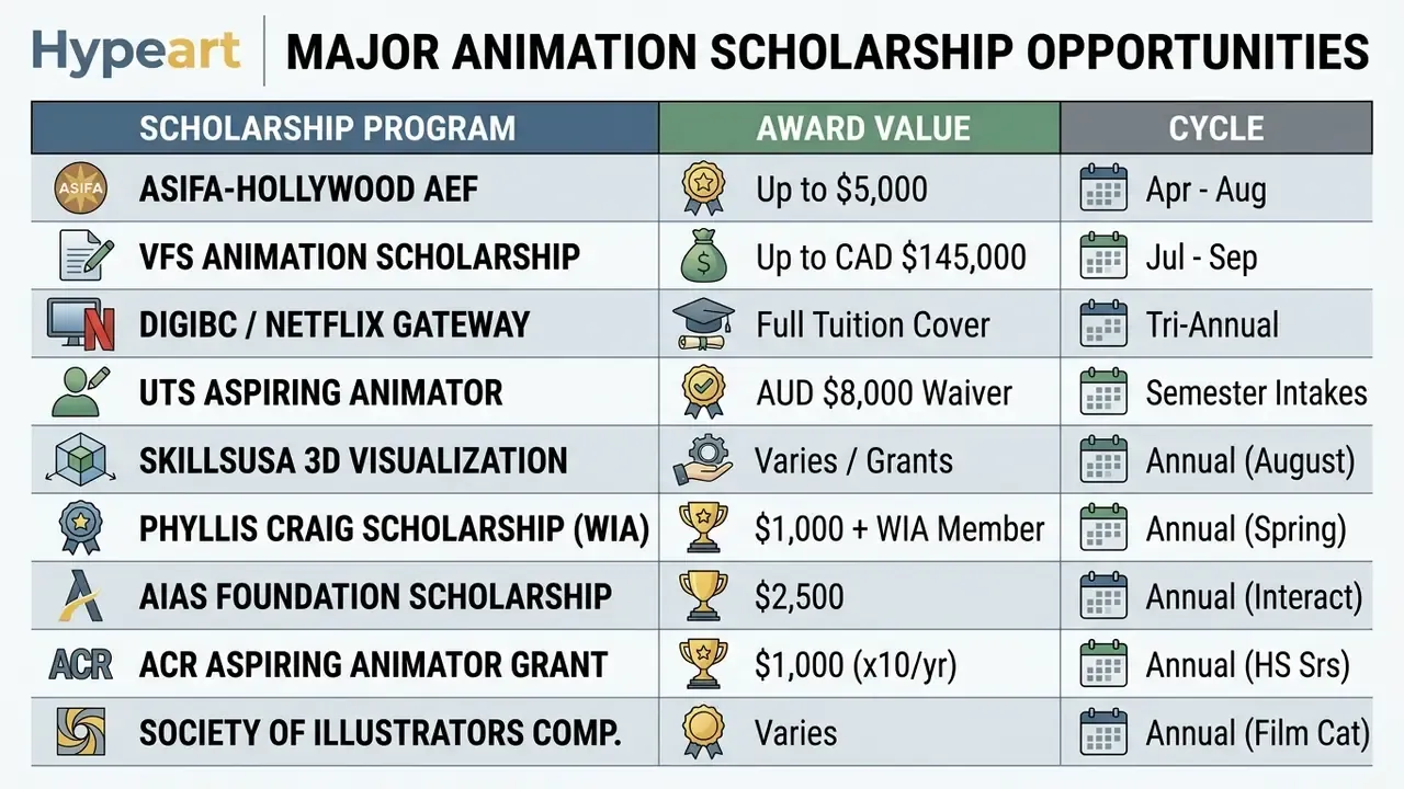 Table listing various animation scholarship programs with their respective award values and application cycles