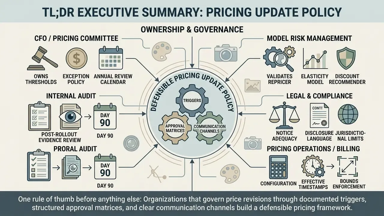 Infographic showing organizational roles and responsibilities for managing a Pricing Update Policy