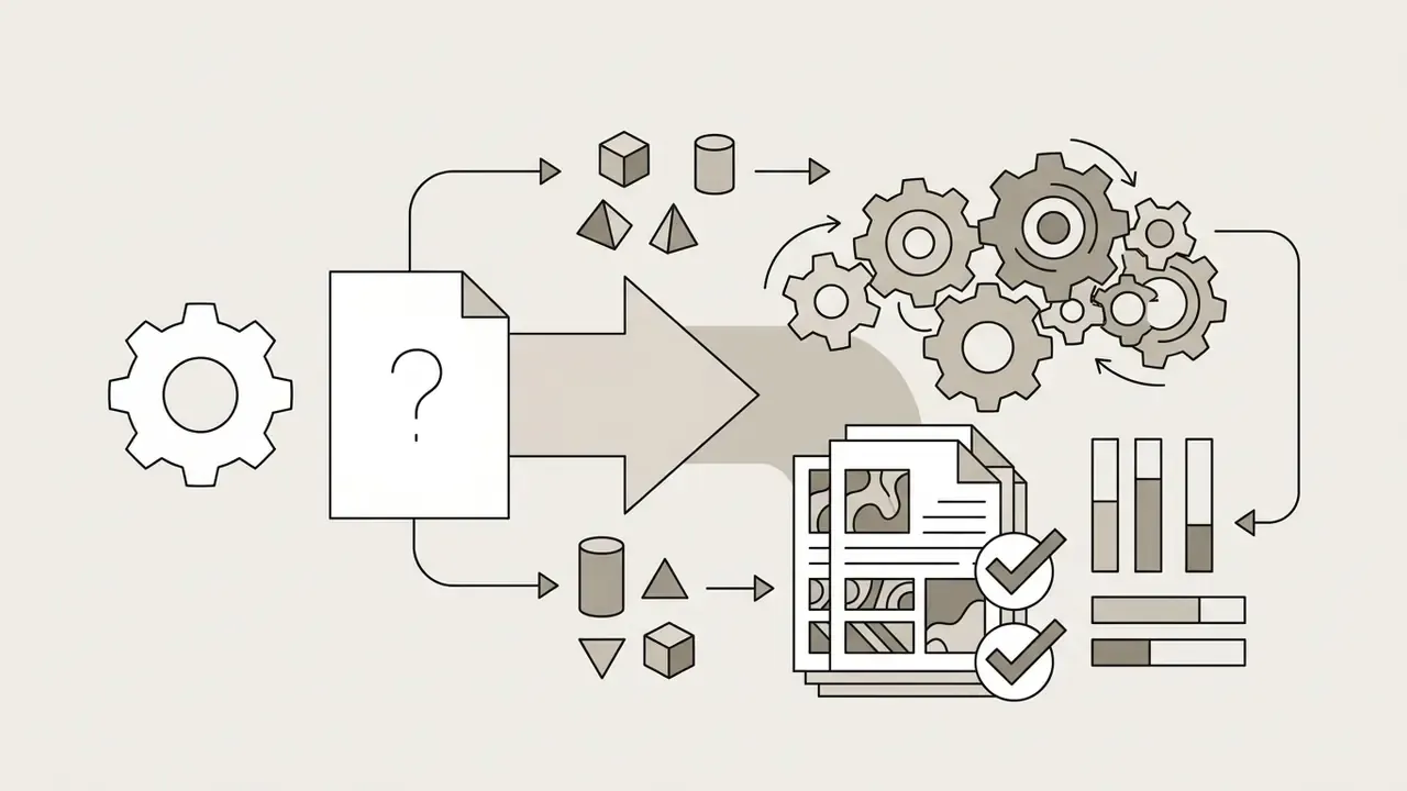 Document with a question mark moving through a processing system of gears and geometric shapes