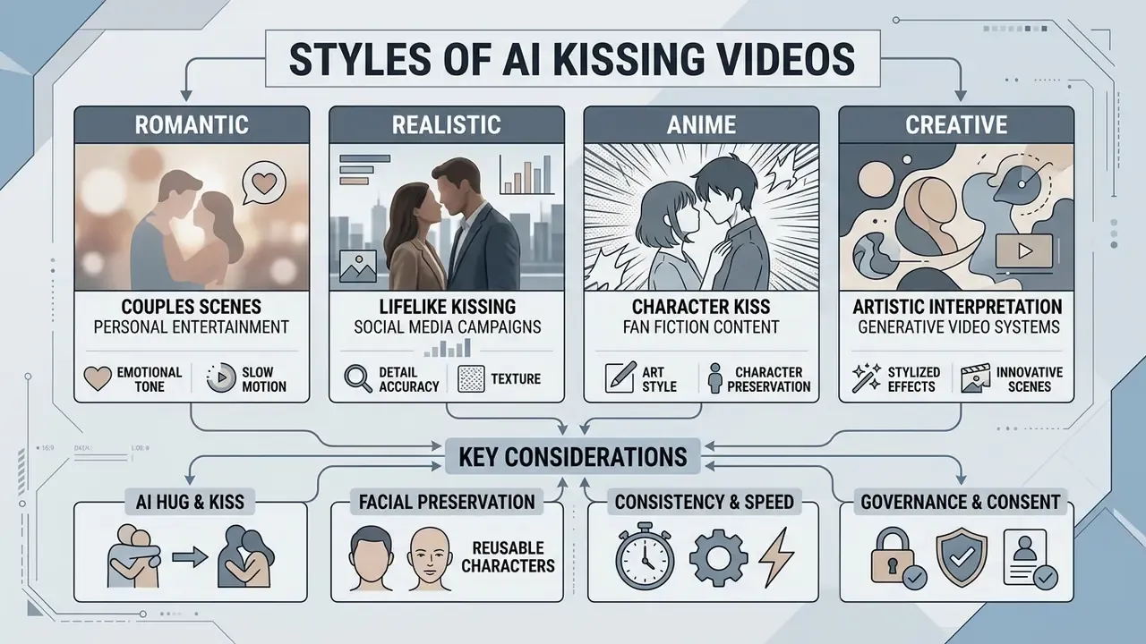 Diagram categorizing romantic, realistic, anime, and creative video styles alongside key technical factors