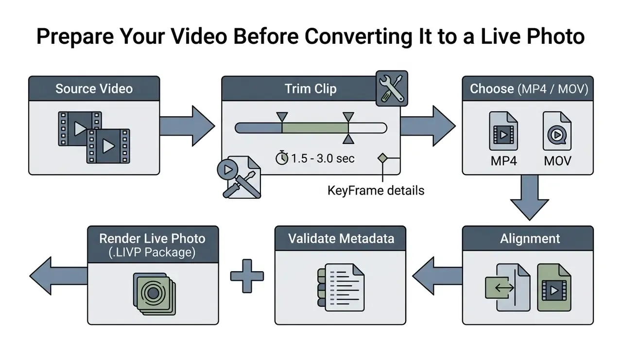 Flowchart illustrating the steps to process a video clip for conversion into a Live Photo format