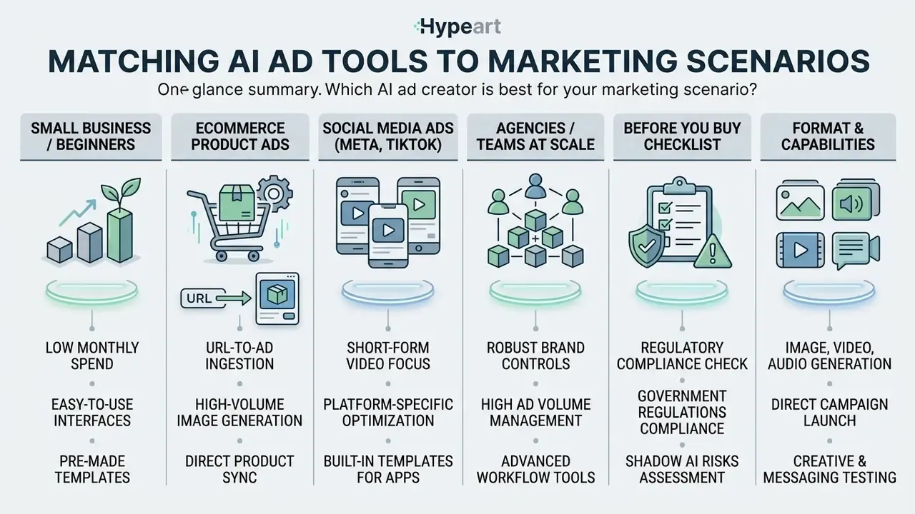 Categorized table mapping AI ad tools to specific marketing needs and operational requirements