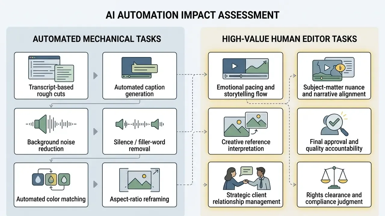 Comparison diagram contrasting automated mechanical editing tasks with high-value human creative responsibilities