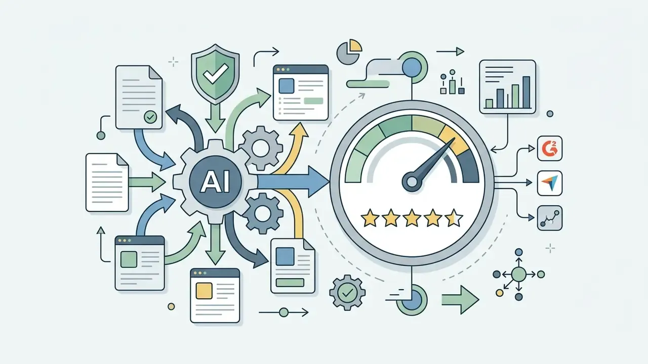 Documents and software interfaces feed into an AI gear system that outputs a satisfaction gauge with stars