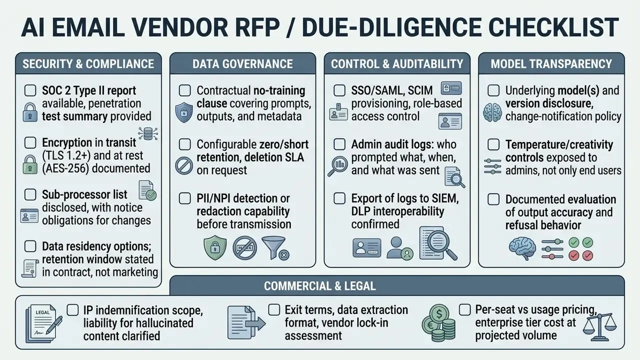 Checklist of security, data governance, audit, transparency, and legal criteria for evaluating vendors