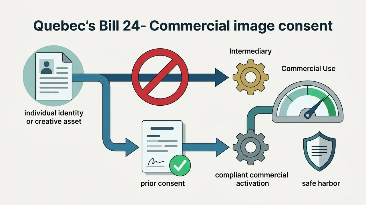 Visual path showing how prior consent enables compliant commercial use of identity and creative assets