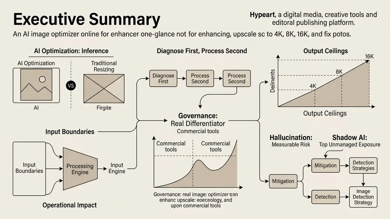 Infographic showing key concepts of AI image optimization including inference, governance, and output scales