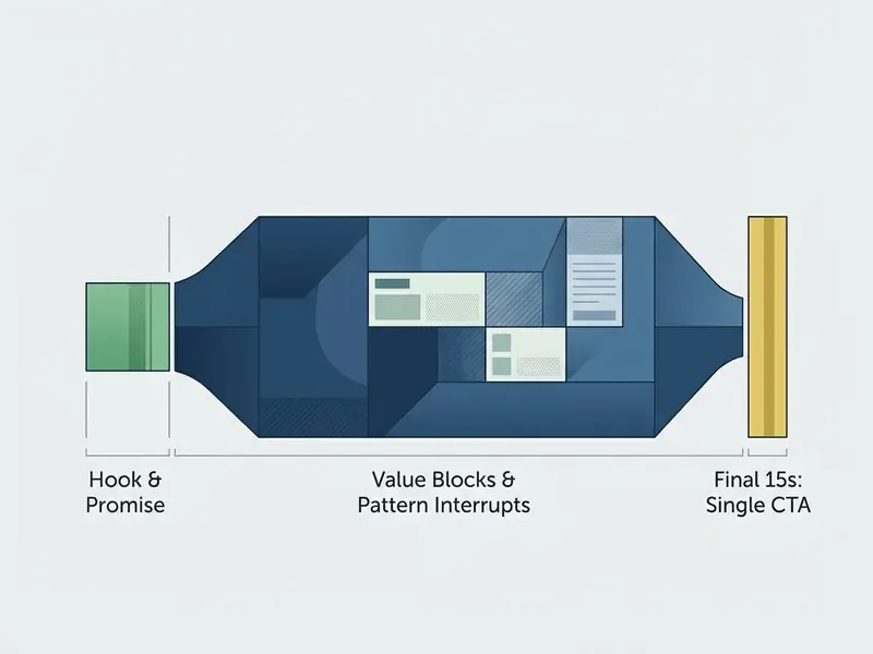 Bottle graphic divided into segments for hook and promise, value blocks, and a single call to action