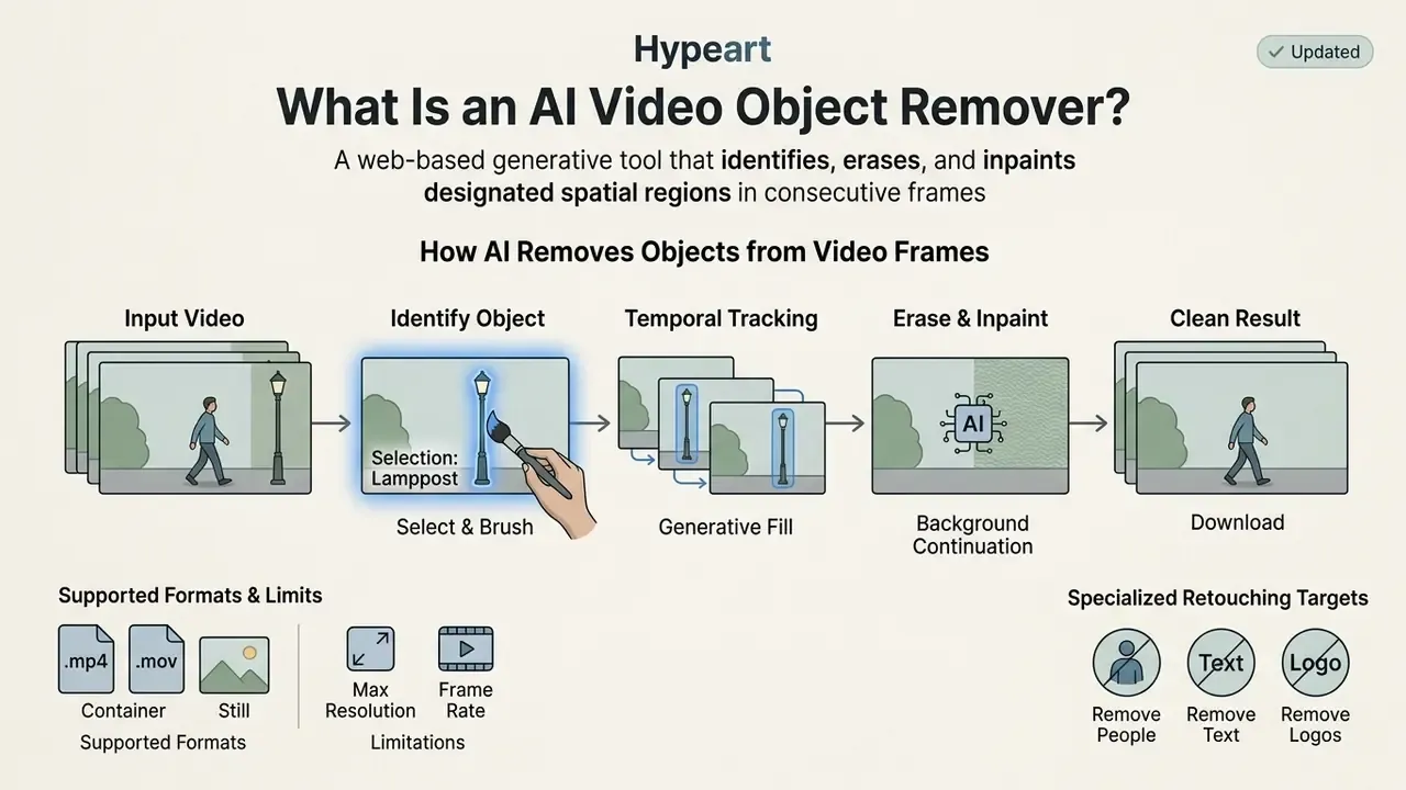 Flowchart showing the step-by-step process of using AI to select, track, and remove objects from video