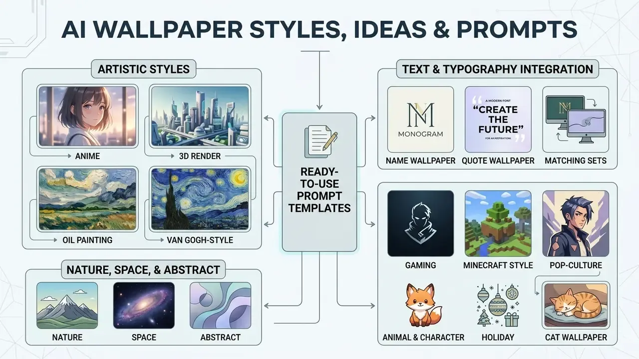 Infographic showing categories of artistic styles, typography integration, and diverse wallpaper themes