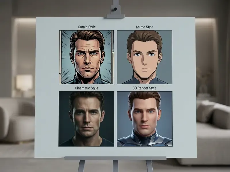 Comparison of AI superhero art generation styles for the same face.