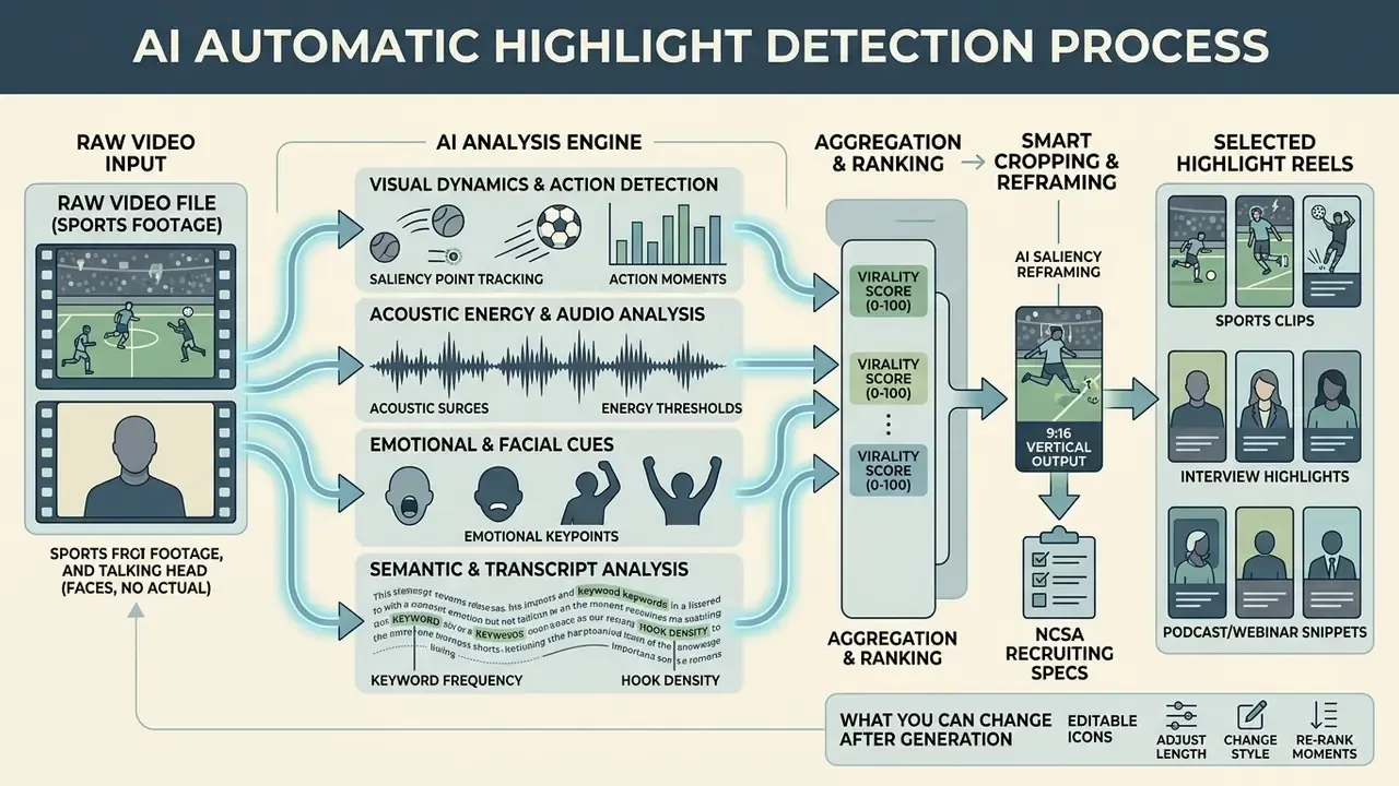 Infographic detailing how AI analyzes visual, audio, and text data to generate curated highlight video reels