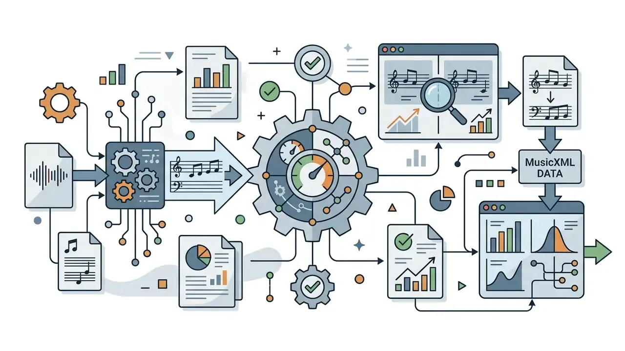 Gears processing audio and musical scores into MusicXML data for computational analysis and reporting