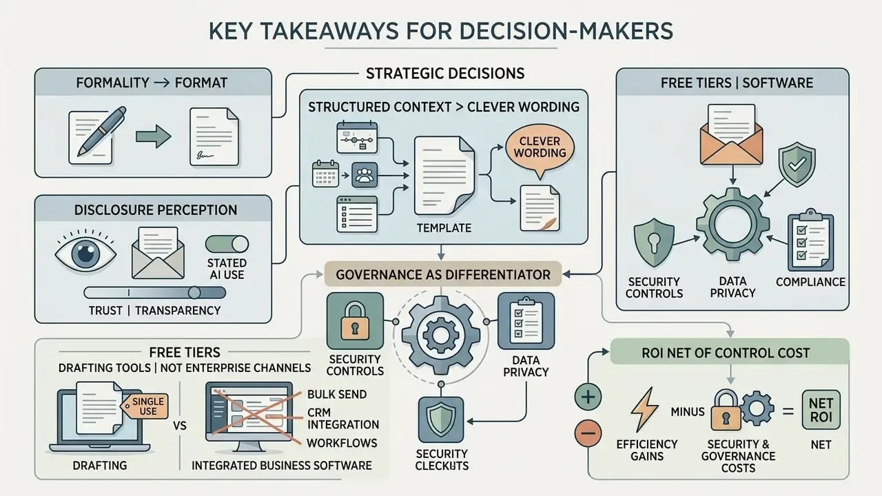Infographic showing strategic decision factors for AI tools including governance, ROI, and transparency