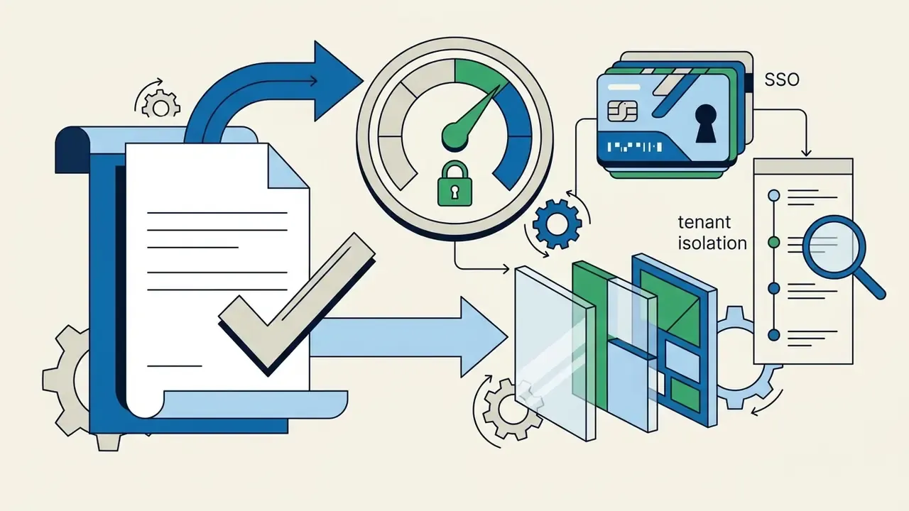 Document with checkmark, performance gauge, SSO card, and layers representing tenant isolation