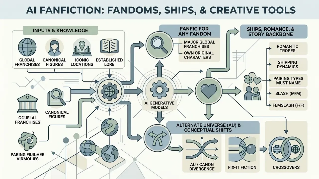 Infographic showing how generative models integrate global franchises, character relationships, and AU tropes
