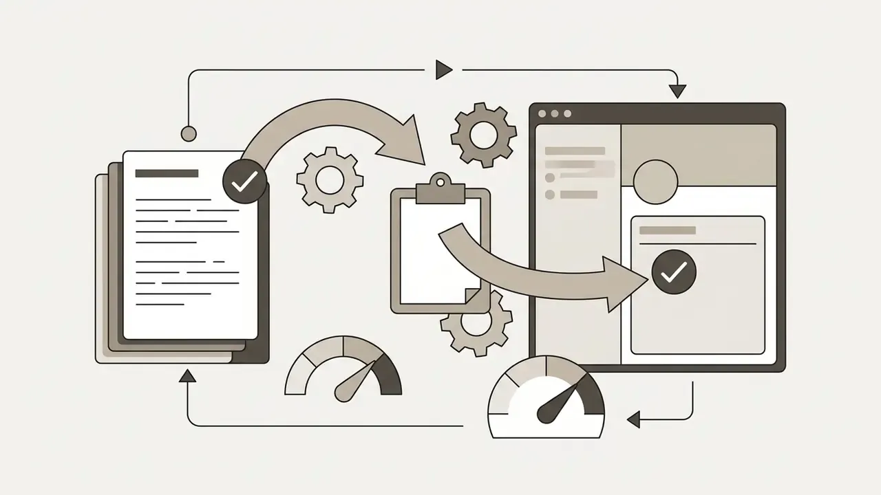Document and clipboard icons connected by arrows to a software interface with speed gauges and gears