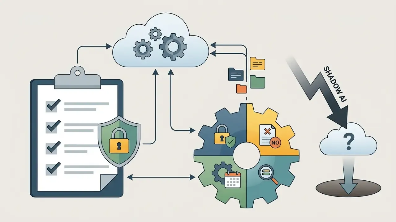 Checklist with security shield connected to a cloud and gear system representing data governance and risks