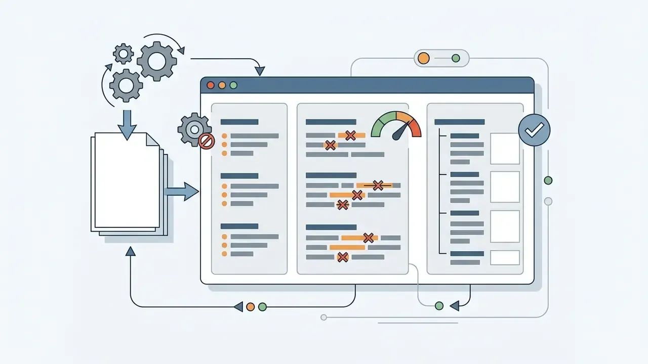 System processing documents into a dashboard with content editing markers and a performance gauge