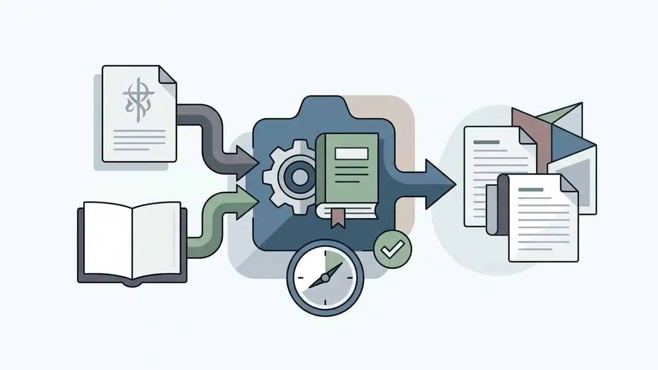 Documents and an open book feeding into a processing hub with gears and a clock to create finished papers