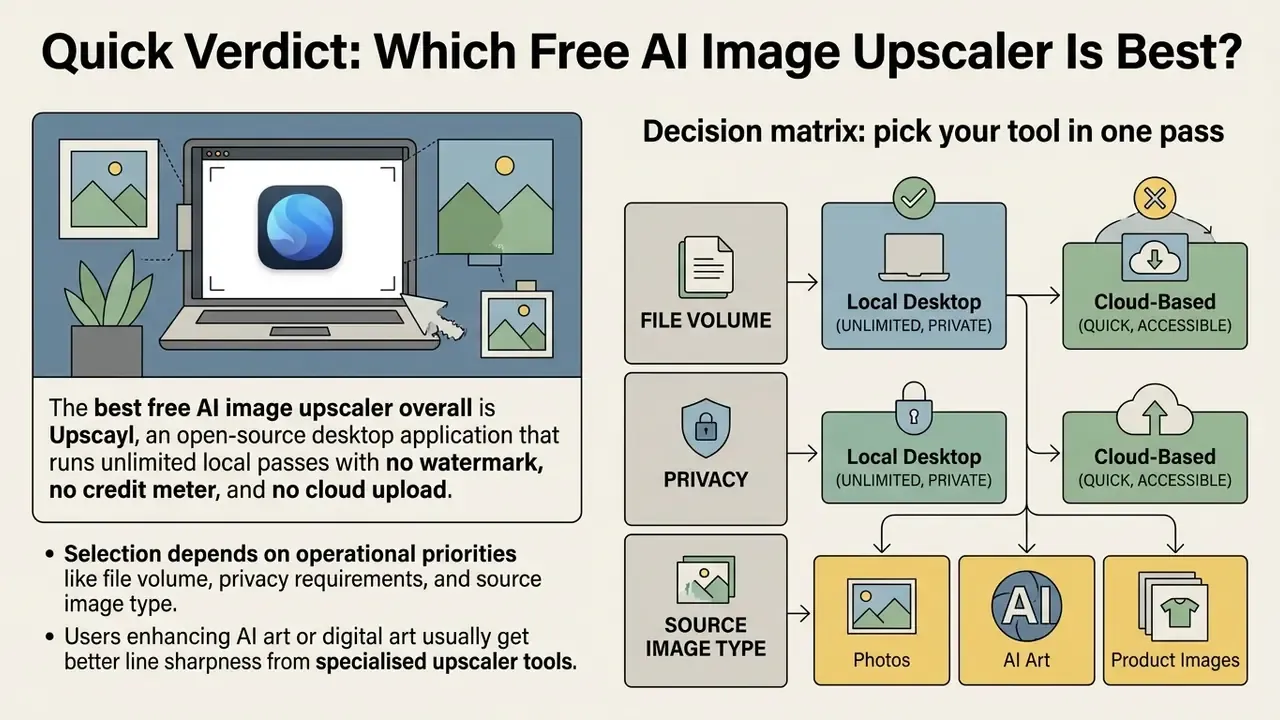 Infographic comparing local and cloud-based AI image upscalers based on privacy and file volume needs