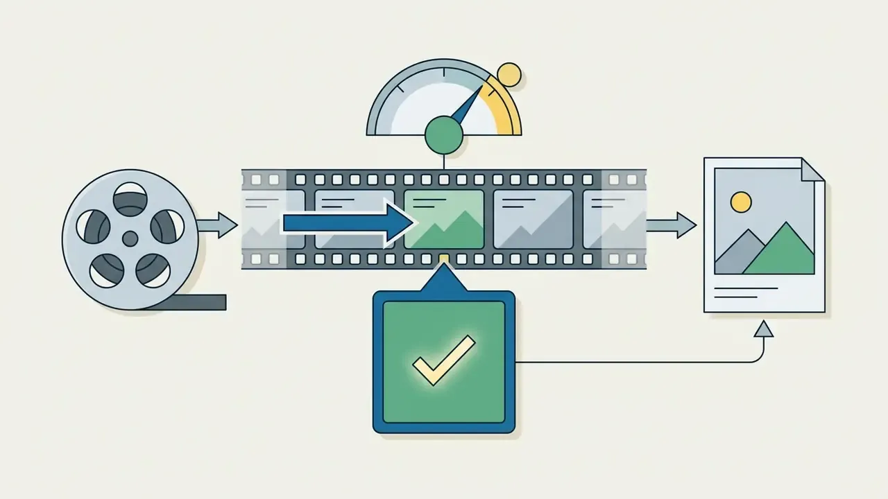 Film reel feeding into a frame selection tool with a checkmark icon to create a final still image